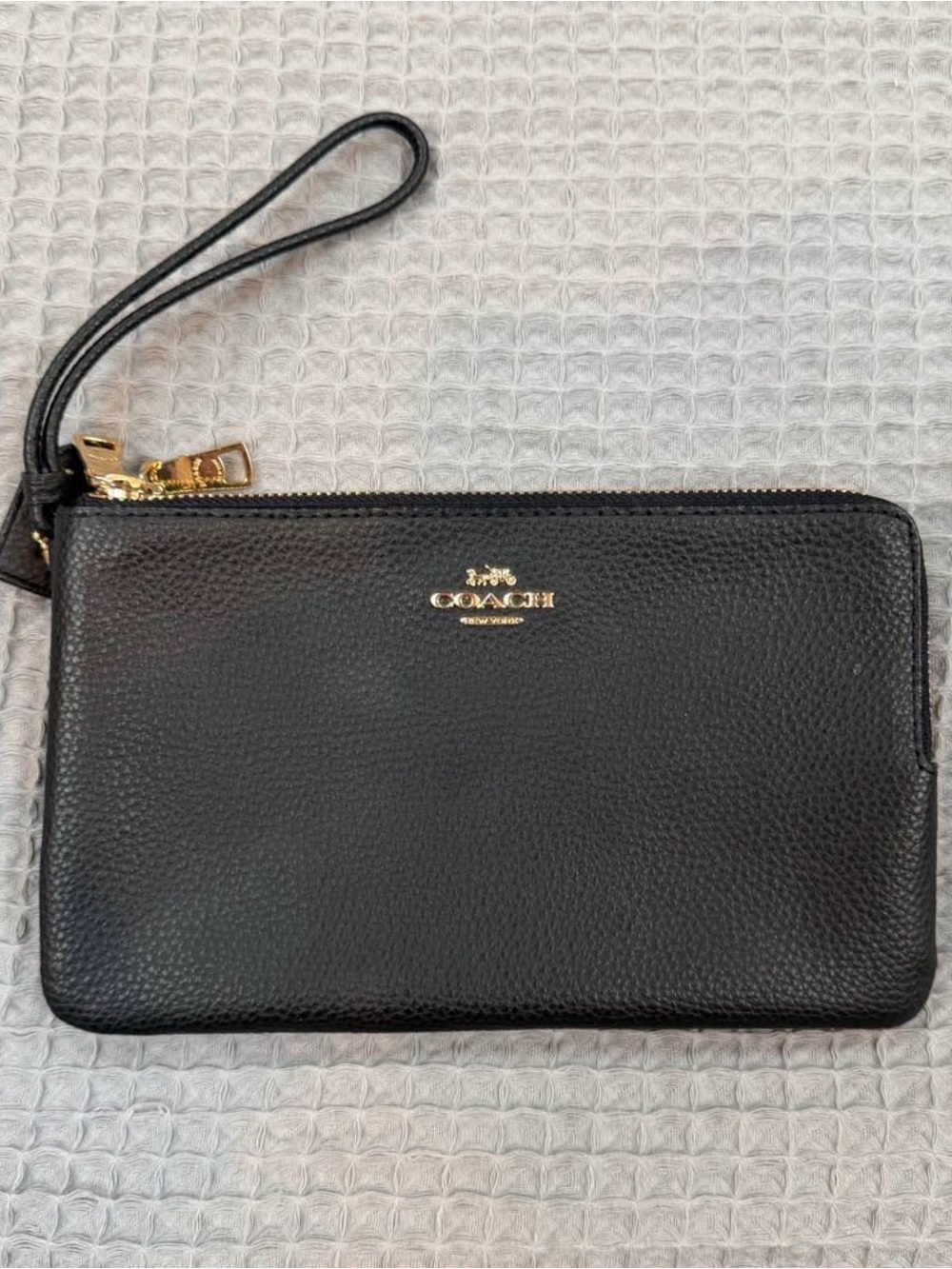 Coach Black Pebbled Leather Wristlet with Gold Hardware